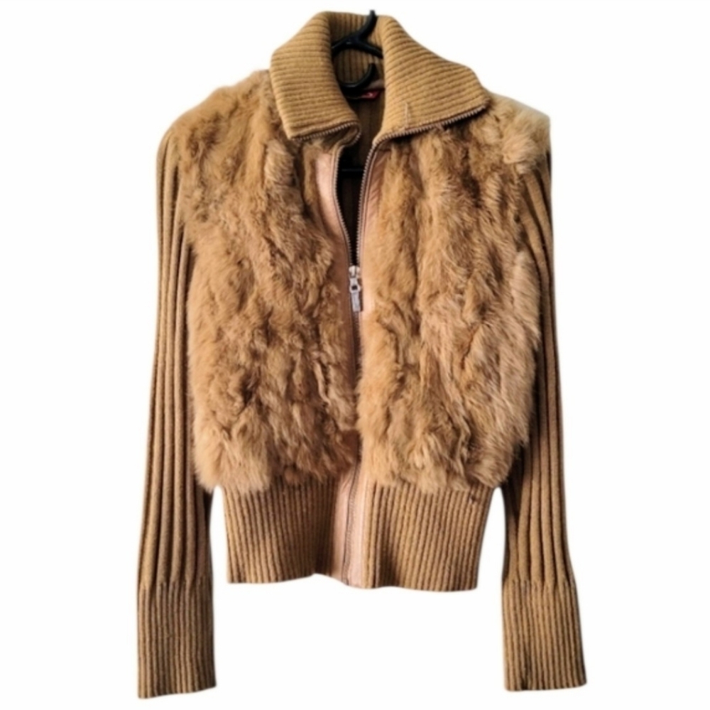 Jennyfer J Genuine Fur Tan Ribbed Cropped Jacket Size Small